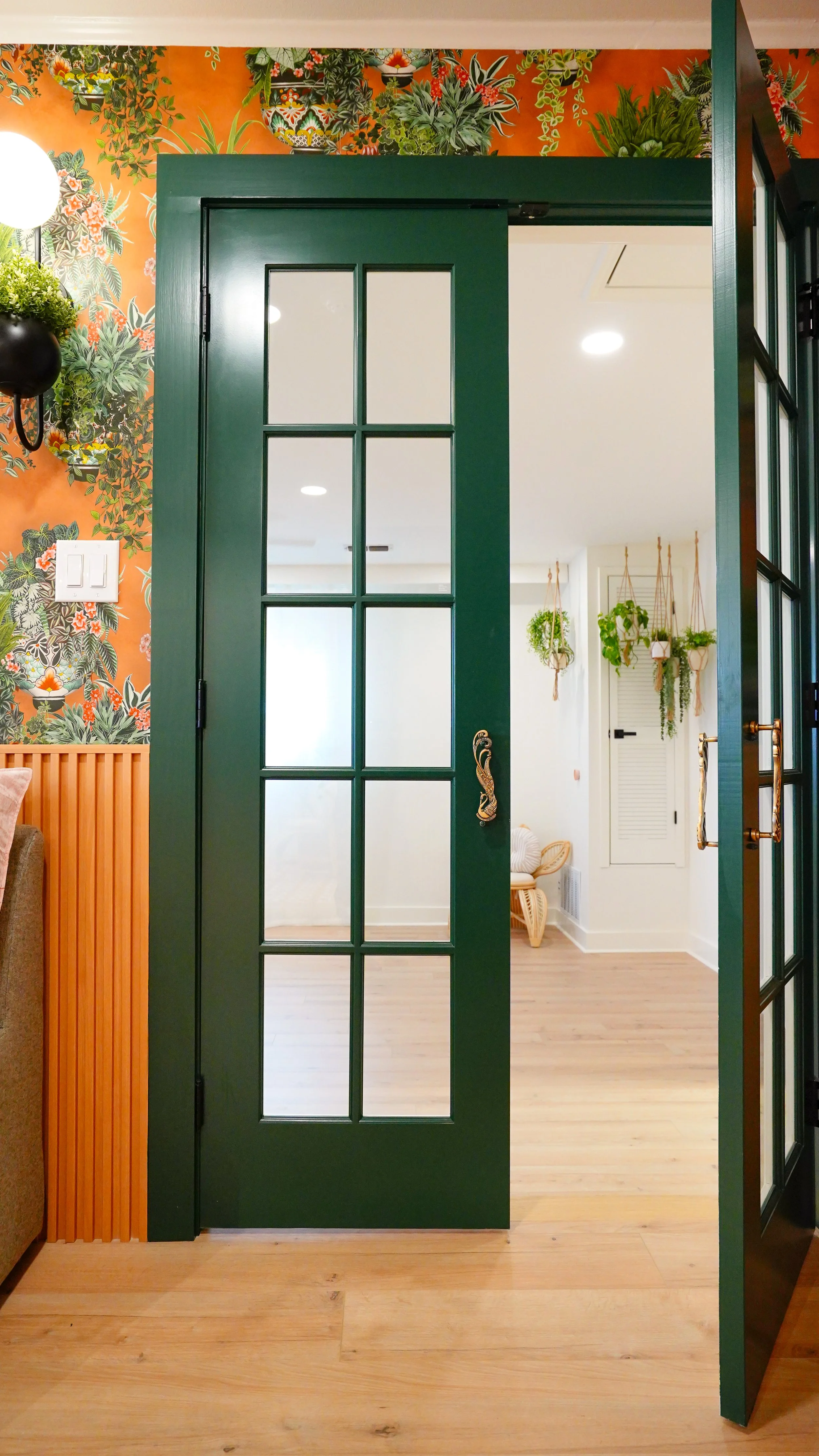 Open green door with glass panes leading into a bright room with hanging plants and wooden furniture.