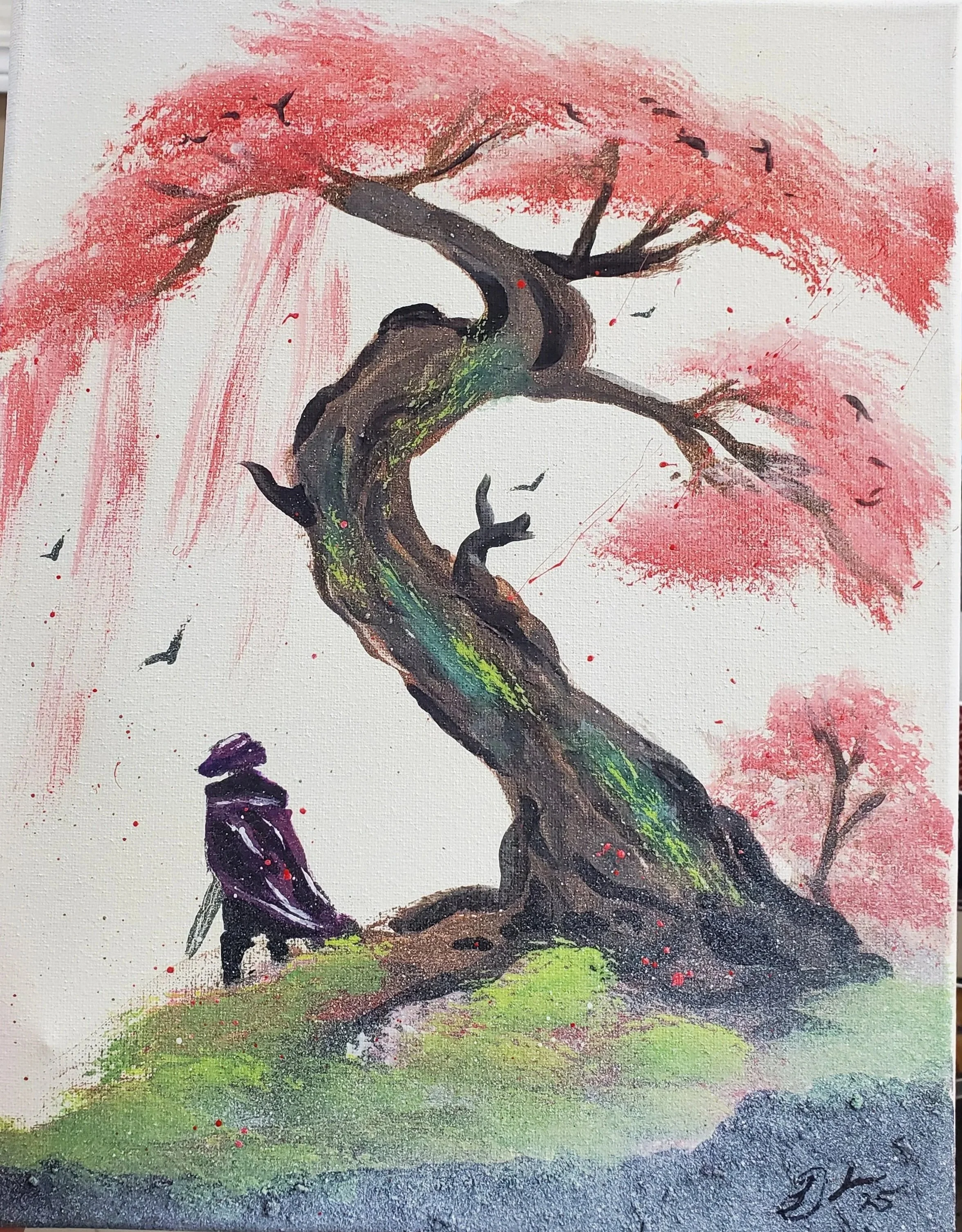 Lonely Warrior - 11 x 14 spray paint and acrylic on canvas 2024/2025 - This painting was originally painted at a trade show and then in 2025 added details with acrylic such as the moss on the trees, colour to the warrior and colour to the ground foli