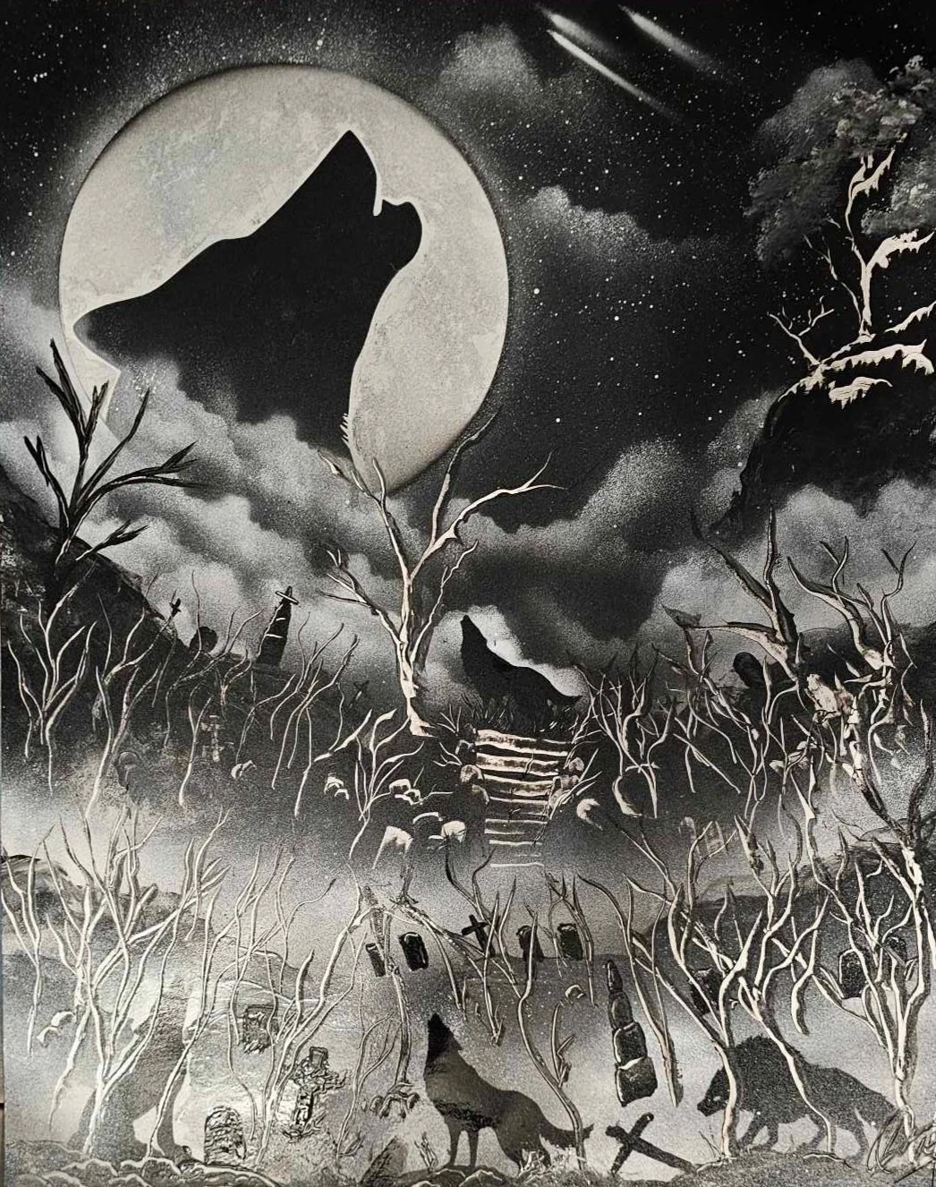 Wolves Howl - 22 x 28 spray paint on posterboard card 2024