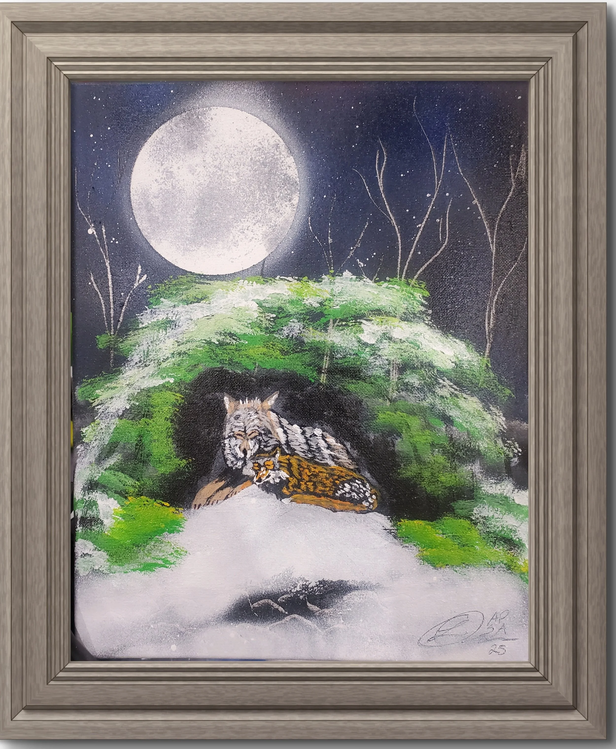 Wolf & Fox - 11 x 14 spray paint art on canvas 2025 - This painting was requested as custom painting at Pop Con in Saskatoon.  I Googled images and then painted with spray paint and brushes.