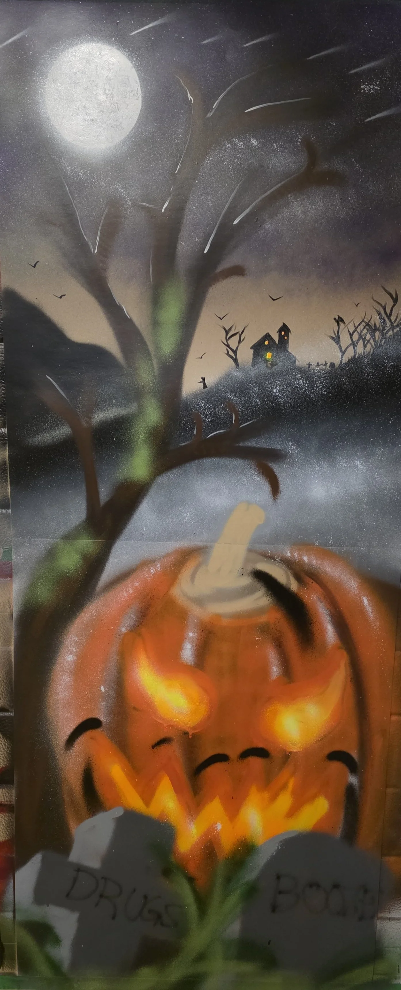 Halloween - 22 x 56 spray paint art on posterboard card 2025 - made for Halloween door display.