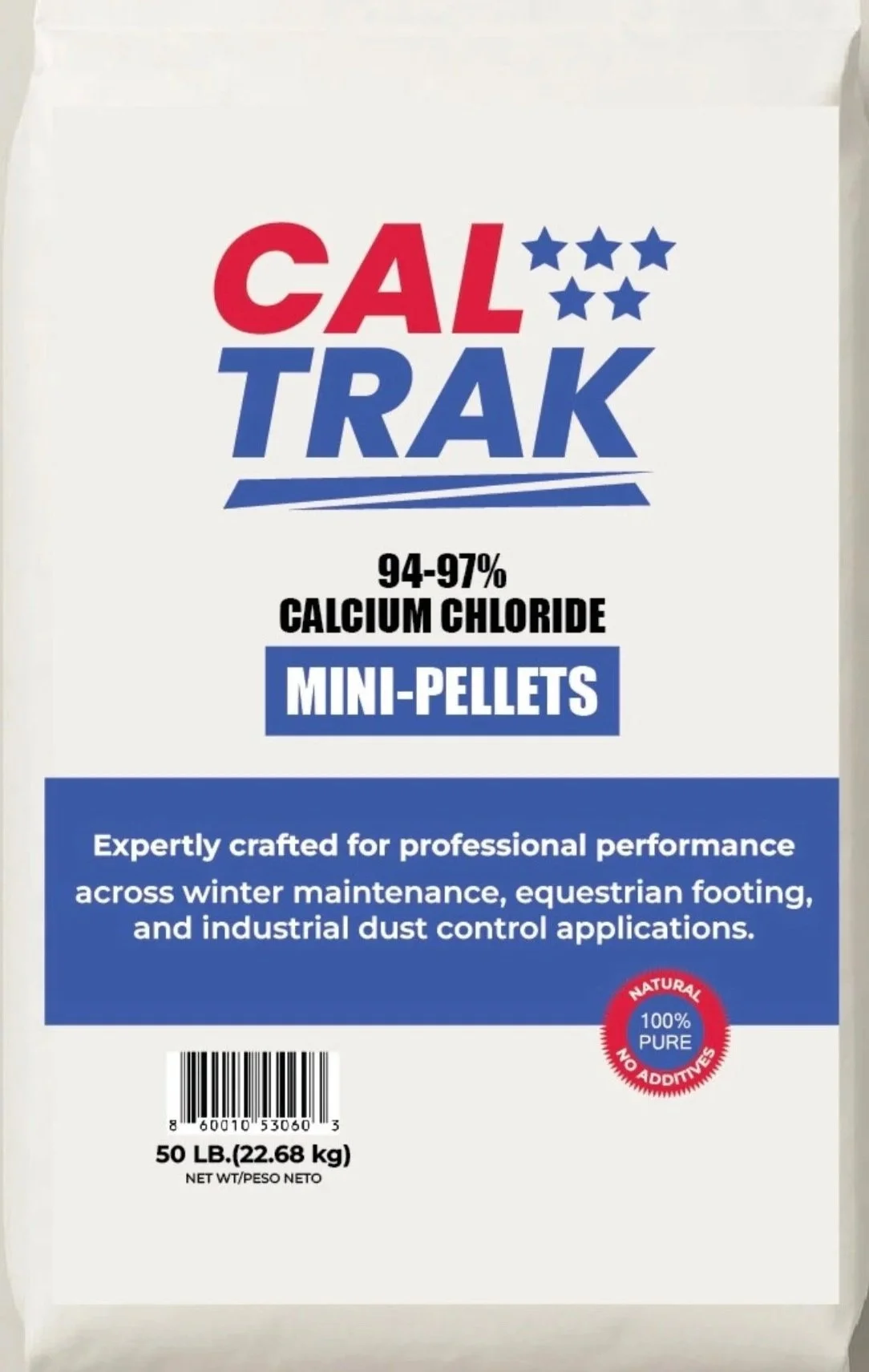 A bag of CALTRAK calcium chloride mini-pellets for winter maintenance, with labels indicating 94-97% calcium chloride, 100% pure, and no additives, weighing 50 pounds.
