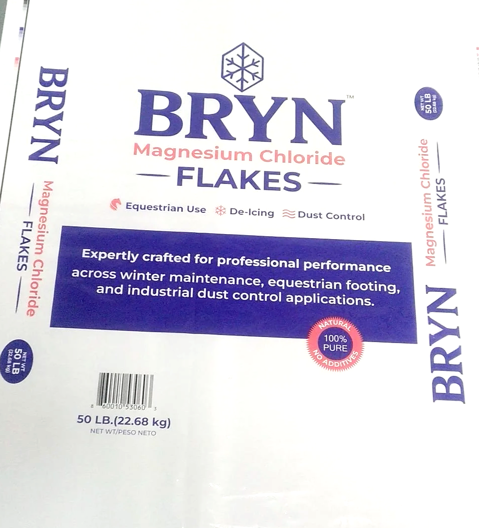 Bryn Magnesium Chloride flakes packaging showing 50 lbs weight, with symbols indicating equestrian use, de-icing, and dust control, and a label indicating natural, pure, and additive-free.