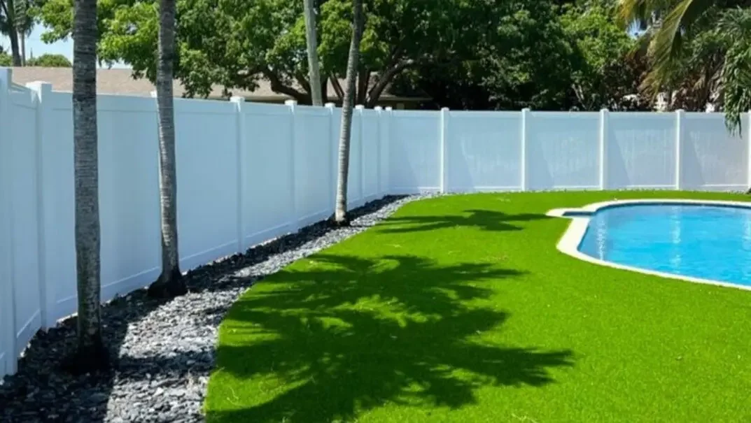 Backyard with a white vinyl fence, green artificial grass, and a blue swimming pool, surrounded by trees.