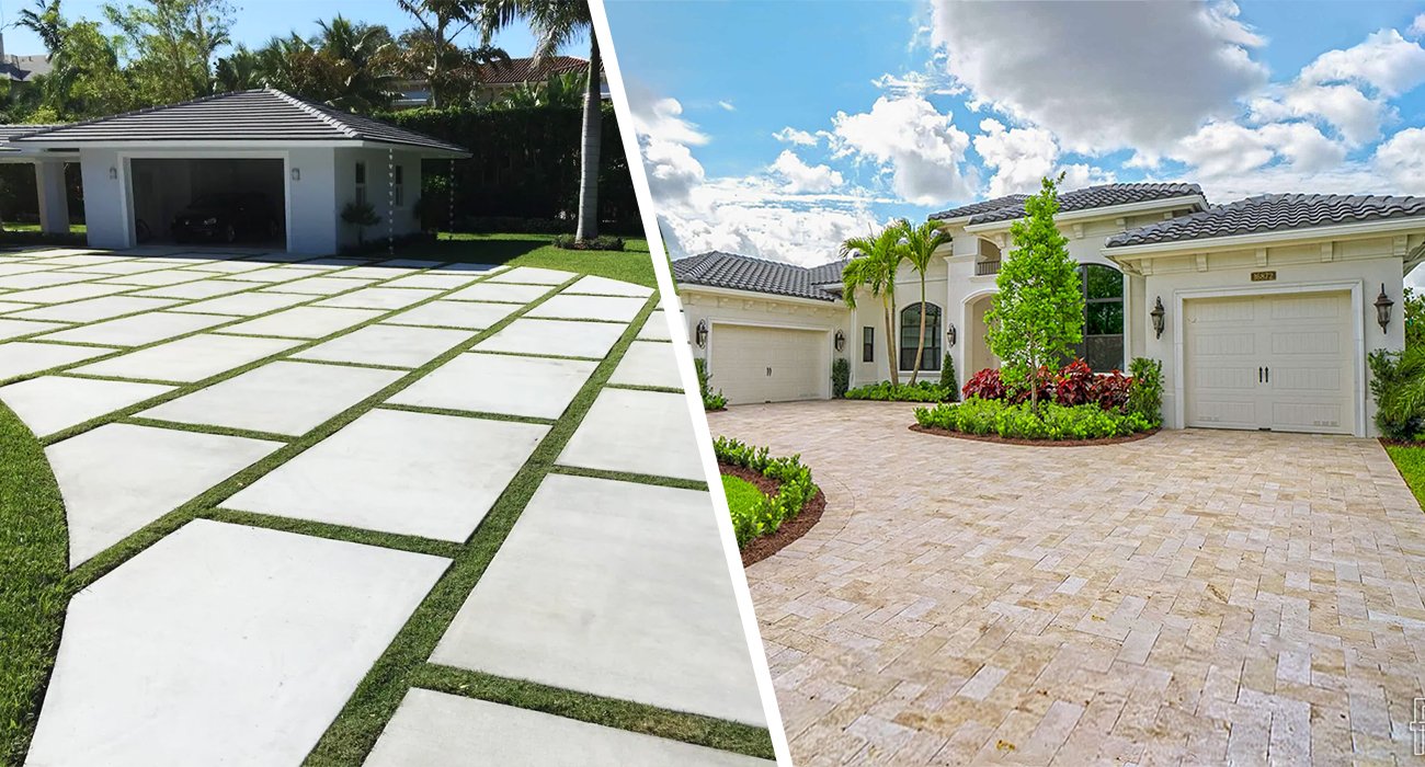Split image showing two different driveways: the left side has a modern design with large concrete pavers and grass in between, and the right side features a finished brick paver driveway in front of a white house with tropical landscaping.
