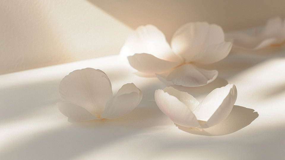 Close-up of white flower petals scattered on a white surface with soft lighting.
