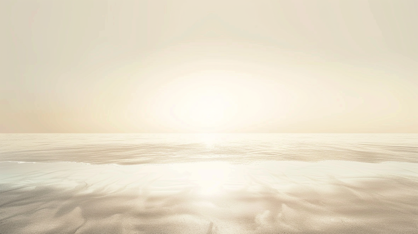 Sunset over the beach with calm waves and sandy shore in a minimalist style.