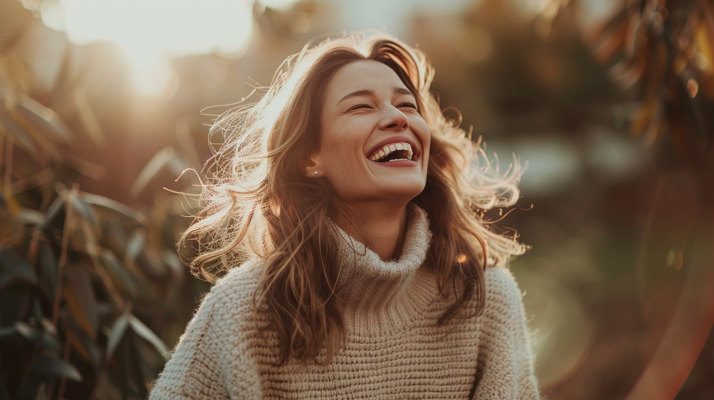 A young woman with long, wavy hair smiling and laughing outdoors in a sunny setting, wearing a beige turtleneck sweater.