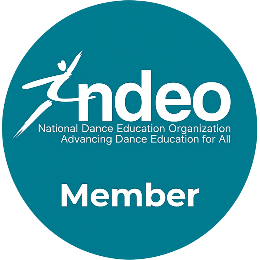 A circular badge with a teal background displaying the logo and text for the National Dance Education Organization, indicating it is a member badge.