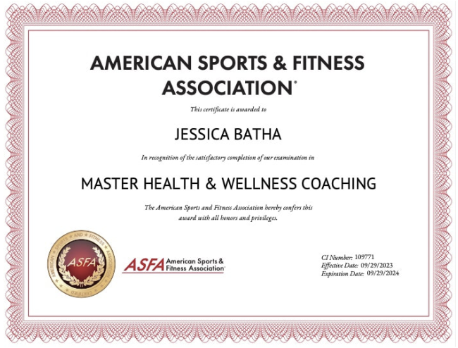 Certificate from the American Sports & Fitness Association awarded to Jessica Batha for Master Health & Wellness Coaching, with a gold and red ASFA logo at the bottom left corner, and the certificate details on a white background with a decorative red border.