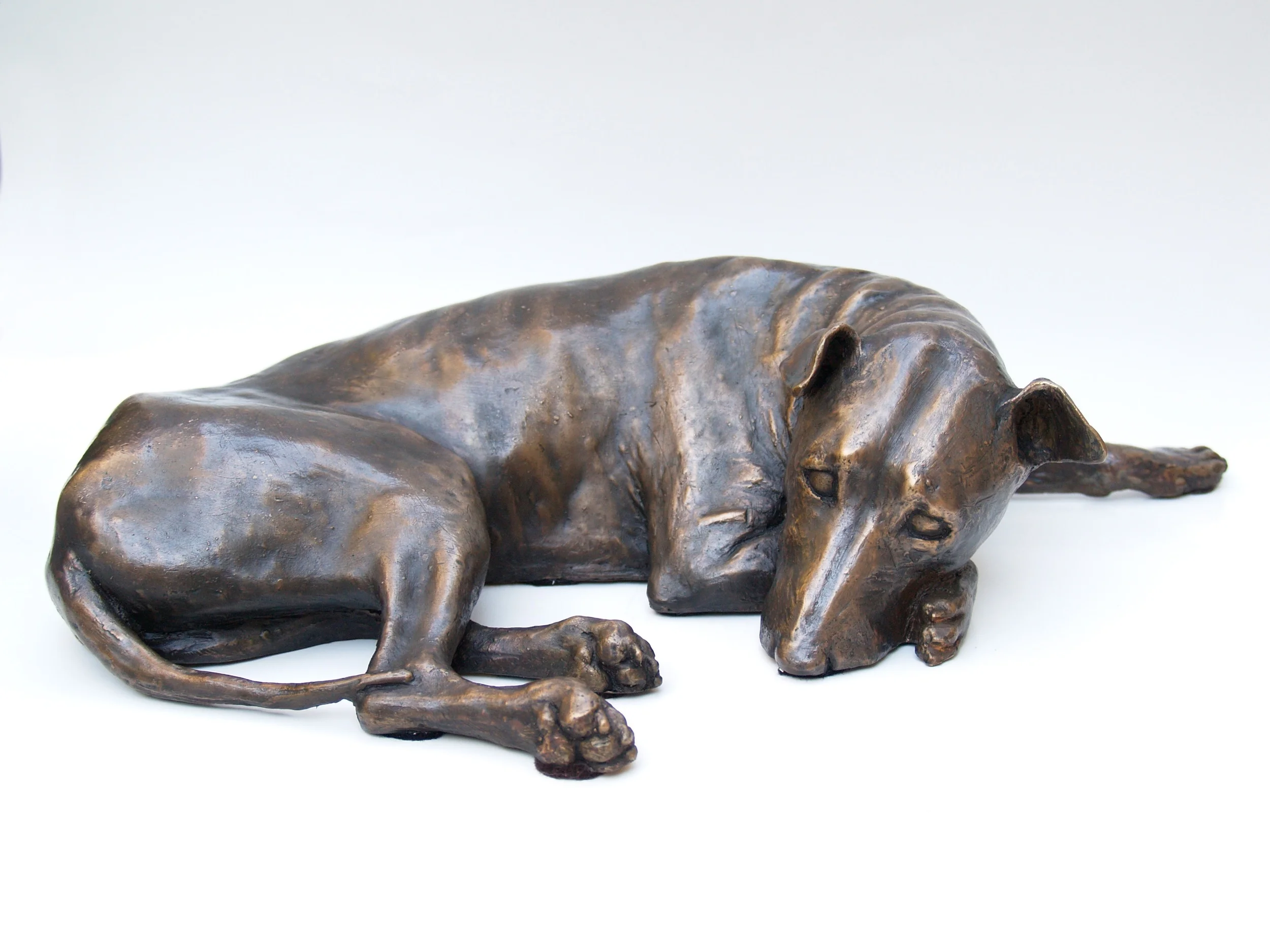 Bronze sculpture of a dog lying down with eyes closed, head resting on the ground and tail curled around its body.