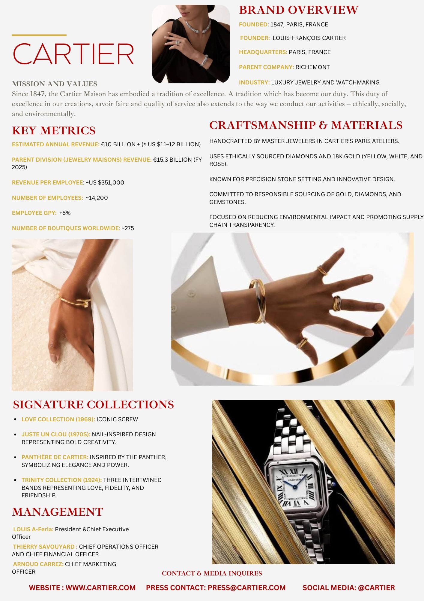 Cartier brand overview and history with images of jewelry and a watch, including information on company metrics, craftsmanship, signature collections, and management.