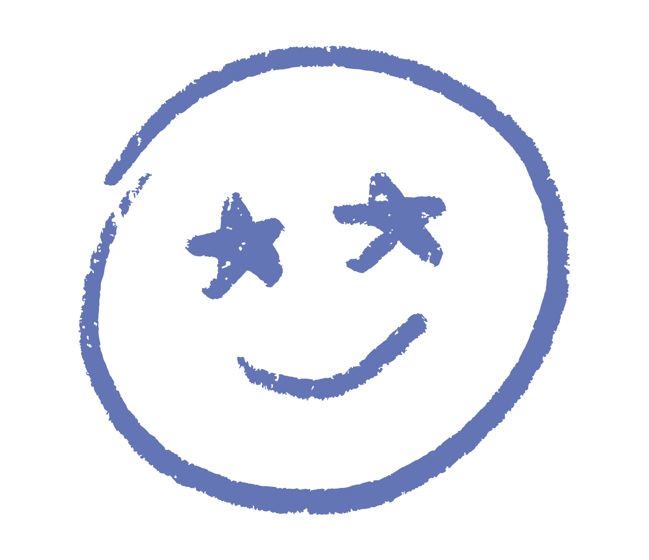 Hand-drawn smiling face with stars for eyes, enclosed in a circle, in blue ink.
