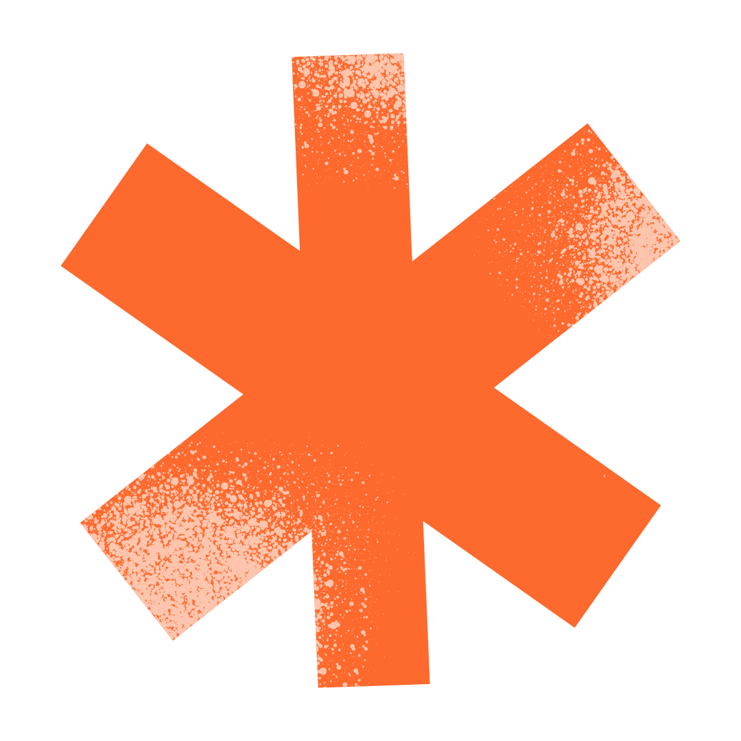 Orange splatter-style asterisk symbol on black background.