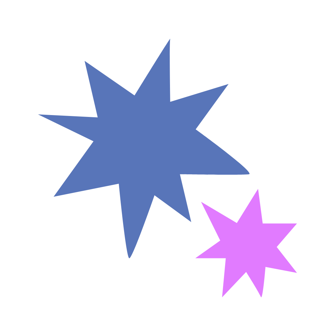 Two colorful starburst shapes, one large blue and one smaller purple, with black background.