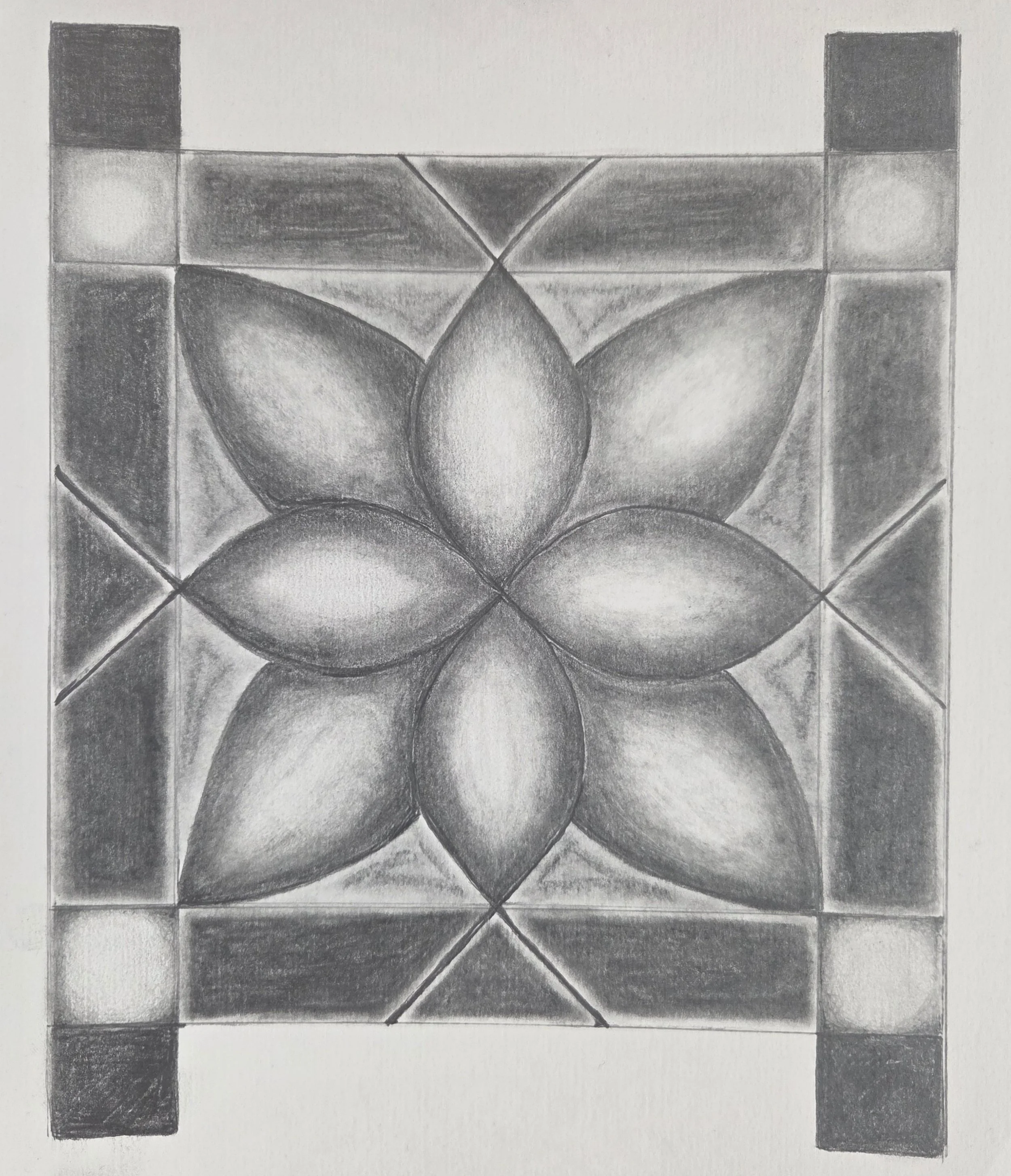 A pencil drawing of a geometric abstract design with a symmetrical pattern of circles, triangles, and rectangles.