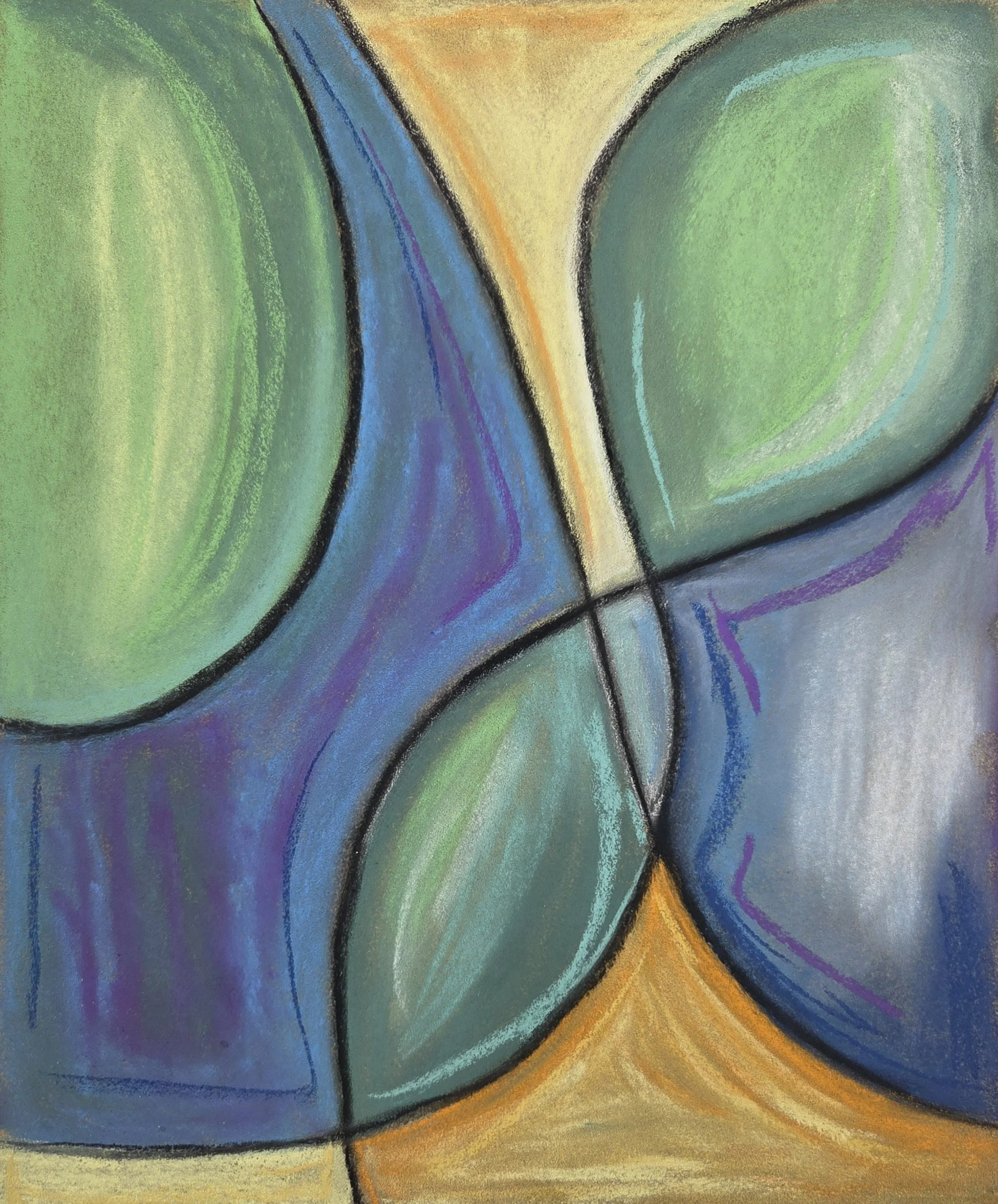 Pastel abstract drawing with curved shapes filled with shades of green, blue, yellow, orange, purple, and black outlines.