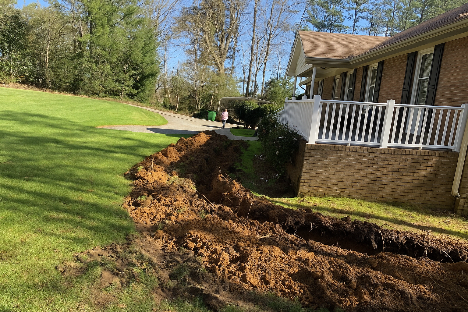 A residential yard with a dug trench along the side of a house.