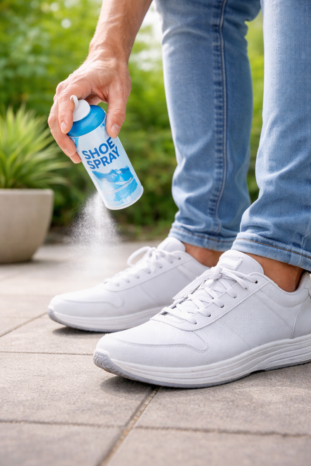 Person wearing white sneakers and blue jeans spraying shoe spray on their shoes outdoors.