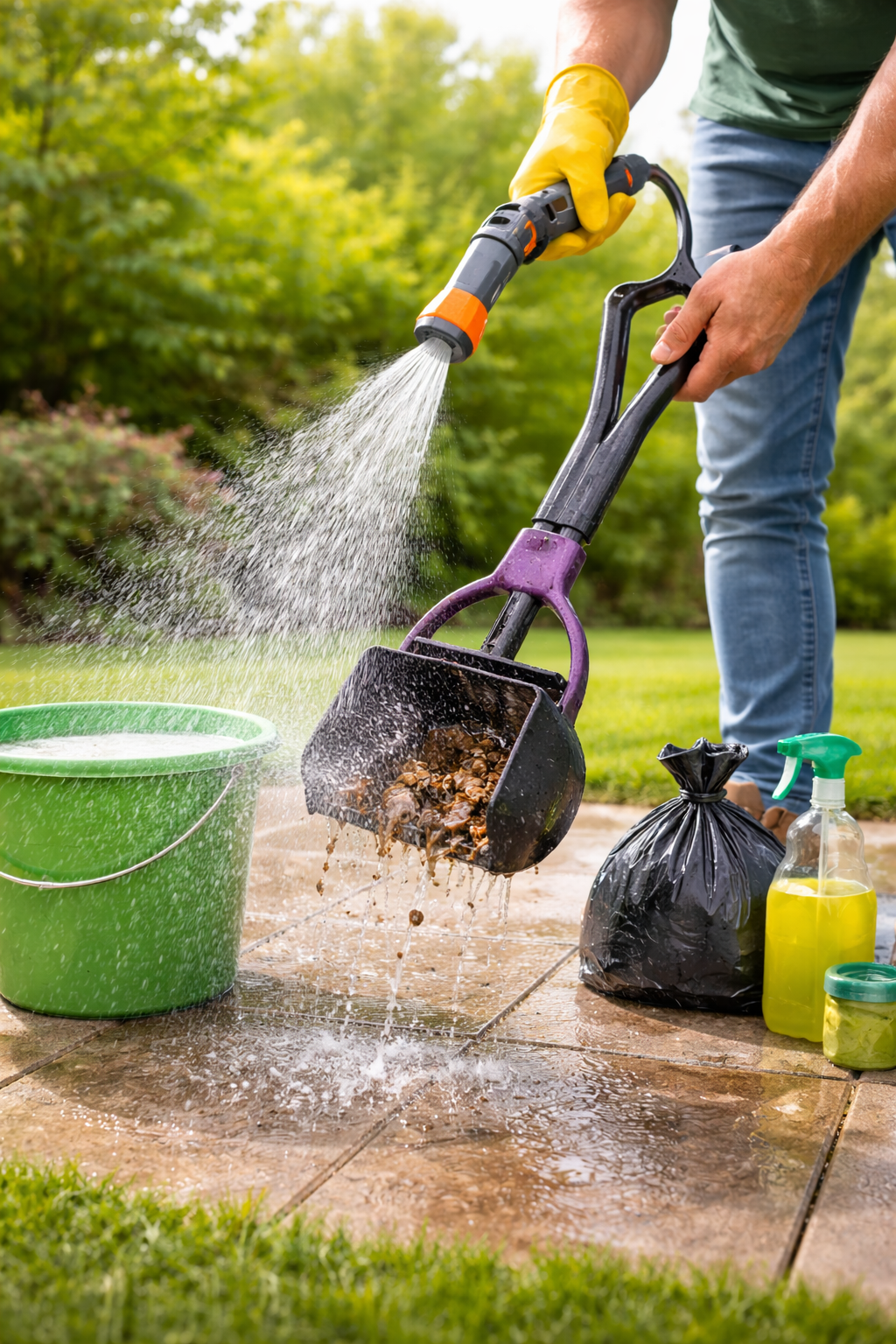 Person wearing yellow gloves using a garden pressure washer to clean a black plastic trash bag filled with debris on a patio, with gardening supplies nearby.