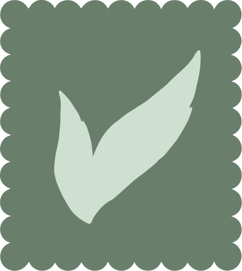A stylized illustration of a check mark with two leaves, green background with rounded border.