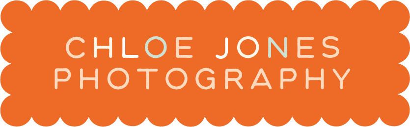 Graphic design with an orange background, scalloped border, and text that reads 'Chloe Jones Photography' with a light blue 'O' in the center.