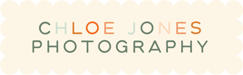 Logo for Chloe Jones Photography with scalloped cream background and colorful text.