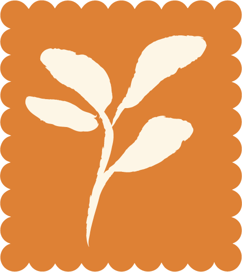 A minimalist illustration of a plant with four leaves on a brown scalloped border background.