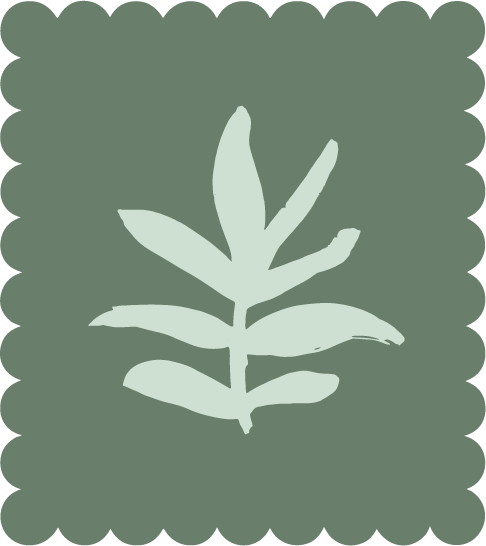 A minimalist illustration of a sprig with leaves on a green background.