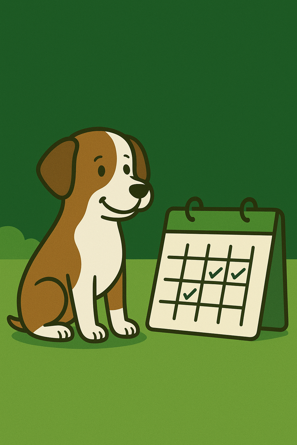 Cartoon illustration of a happy dog sitting next to a calendar with two checked days. The background is green.