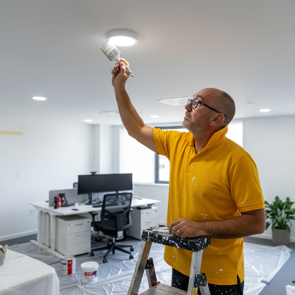 A man painting a ceiling light fixture in an office space. He is standing on a step ladder, wearing a yellow shirt and glasses, with painting supplies around him.
