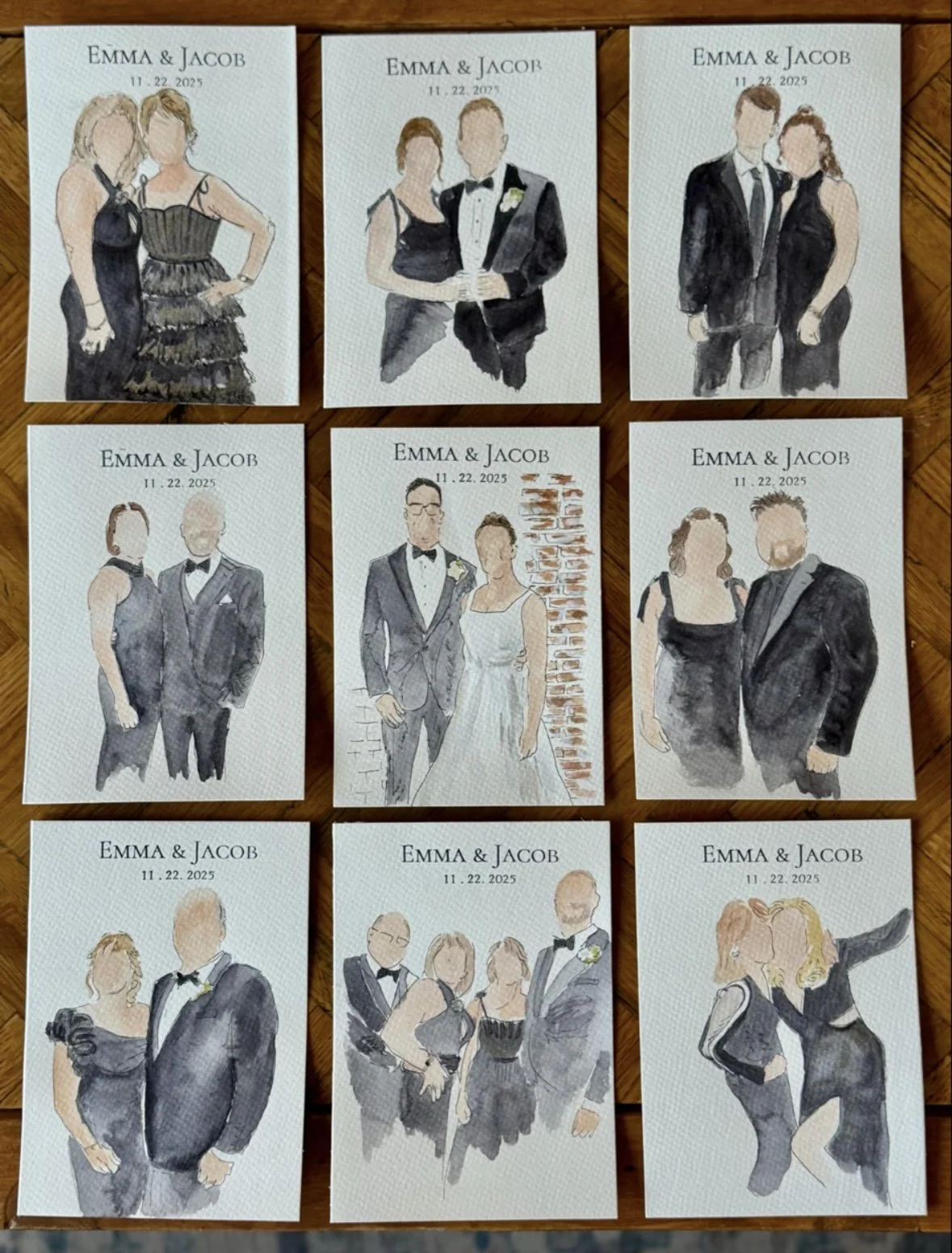 Watercolor illustrations of wedding guests, each labeled with 'Emma & Jacob' and the date '11.22.2025', showing nine different couples dressed in formal attire.