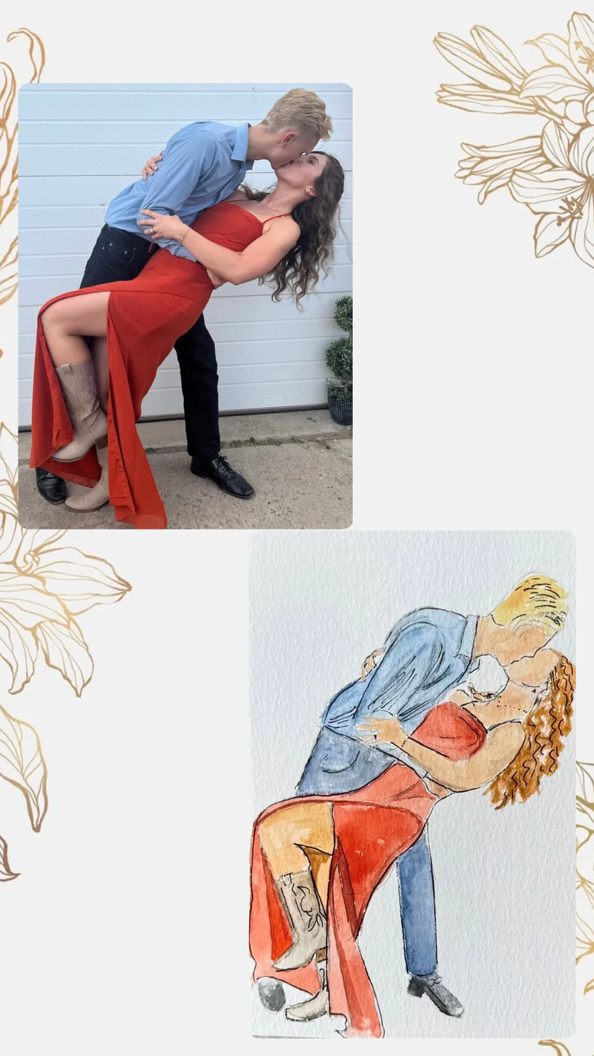 A couple sharing a romantic kiss, with the woman being dipped by the man, dressed in a red dress and cowboy boots, in both a photo and a watercolor illustration.