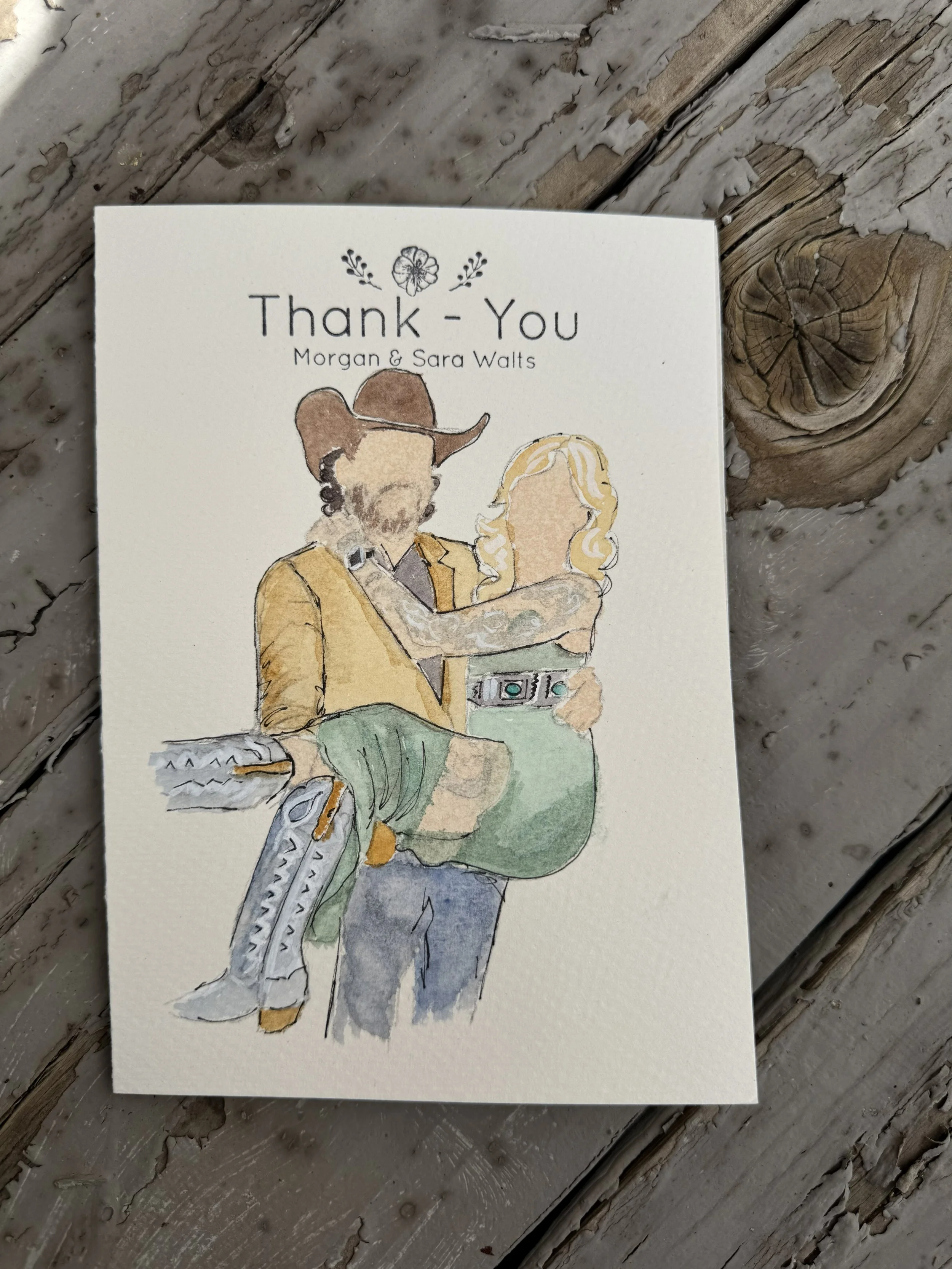 A watercolor thank you card featuring a man in a cowboy hat holding a woman with blonde hair and tattoos, with the text 'Thank - You' and 'Morgan & Sara Walts' at the top.