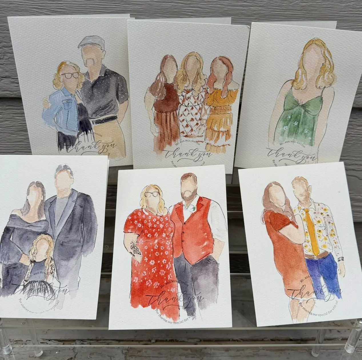 Set of six watercolor-style thank you cards with illustrations of people in various outfits, some in couples, with "thank you" written at the bottom.