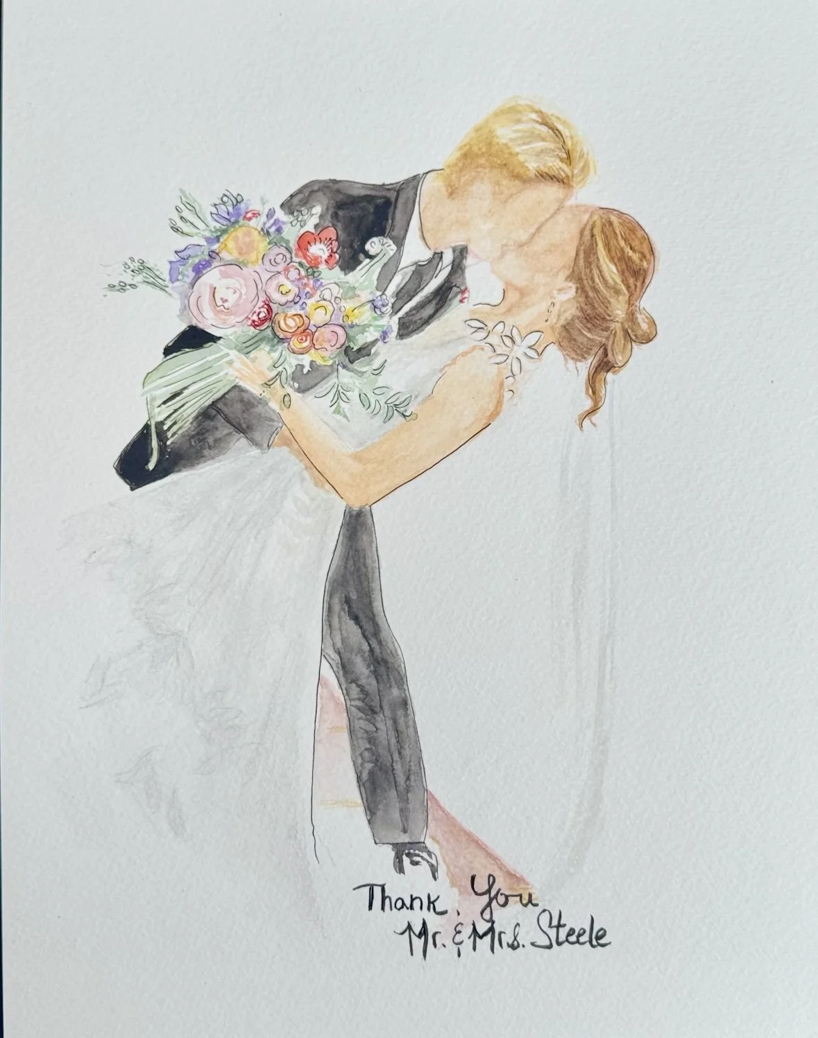 Watercolor painting of a bride and groom kissing. The bride is holding a bouquet of colorful flowers, and they are dressed in wedding attire. Text at the bottom reads, "Thank you Mr. & Mrs. Steele."