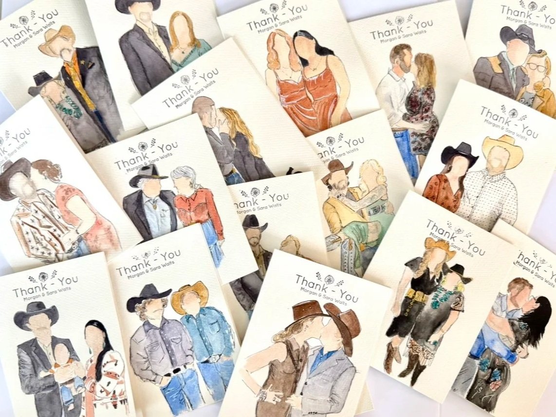 Multiple illustrated thank you cards featuring various couples in different outfits and poses.