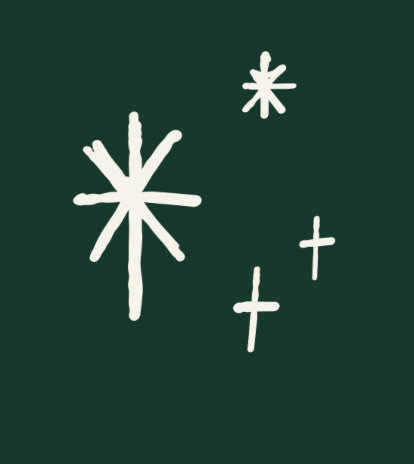 White hand-drawn snowflakes on a dark green background.