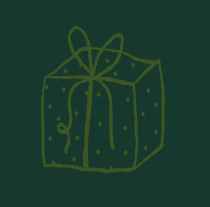 Hand-drawn illustration of a wrapped gift box with a bow on top, decorated with dots, on a dark background.