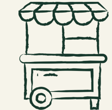 A simple illustrated food cart or stand with an awning and a large window.