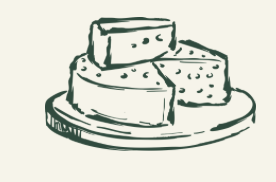 Sketch of a cheese wheel with slices cut out, on a plate.
