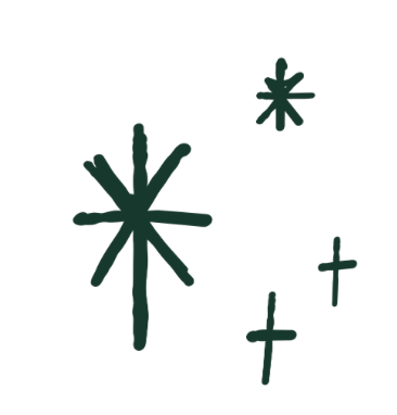 Hand-drawn green stars and crosses on a white background.