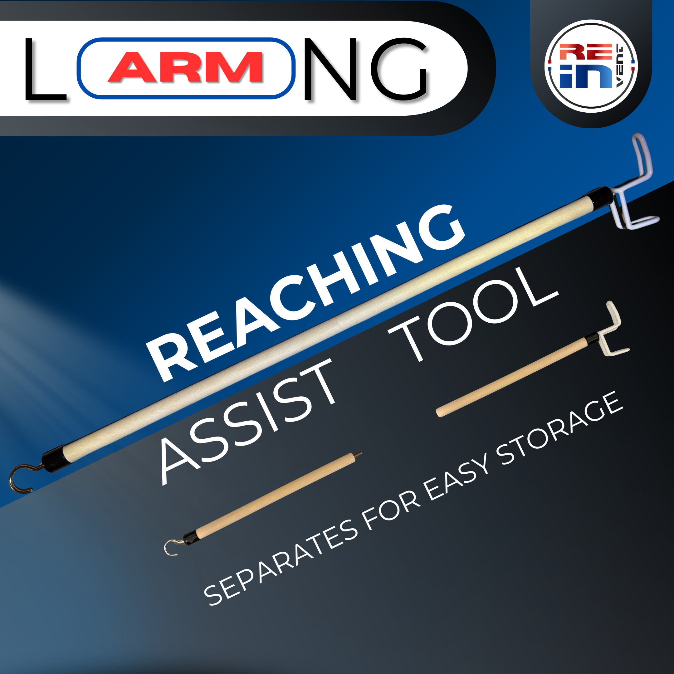 Product packaging for ReachAid assist tool, a long reach aid for easy storage, featuring images of the tool and text highlighting its purpose.