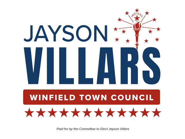 Campaign sign for Jayson Villars from Winfield Town Council featuring a torch with stars and the word Indiana.