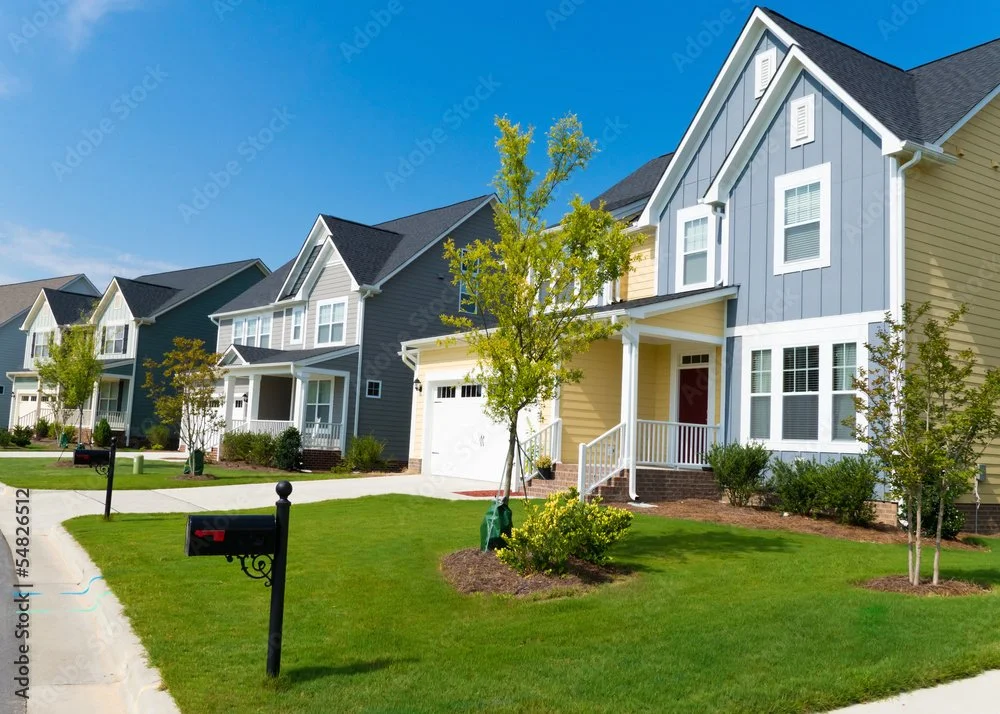 A row of colorful suburban houses with well-maintained lawns and young trees on a sunny day.