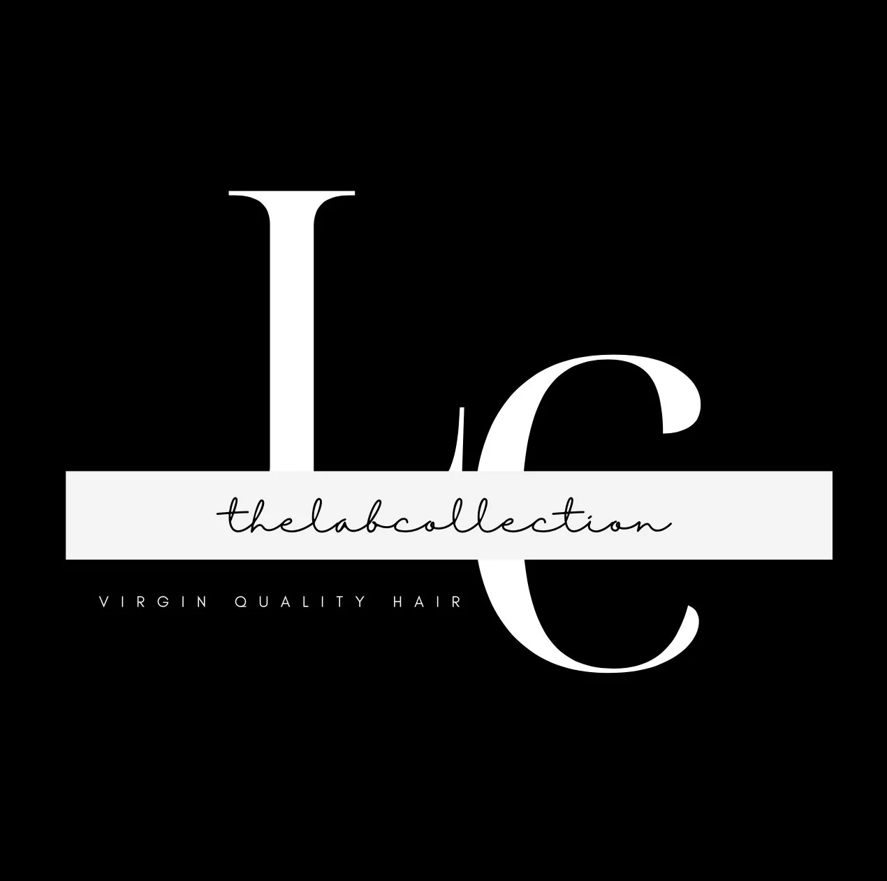 Logo for 'thelabcollection' with the tagline 'virgin quality hair,' featuring a black background, white large stylized letters 'L' and 'C,' and a white horizontal banner with the handwritten-style text 'the lab collection.'