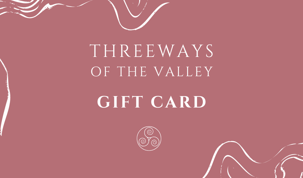 Pink gift card with white decorative swirls and text that reads 'Threeways of the Valley Gift Card'.