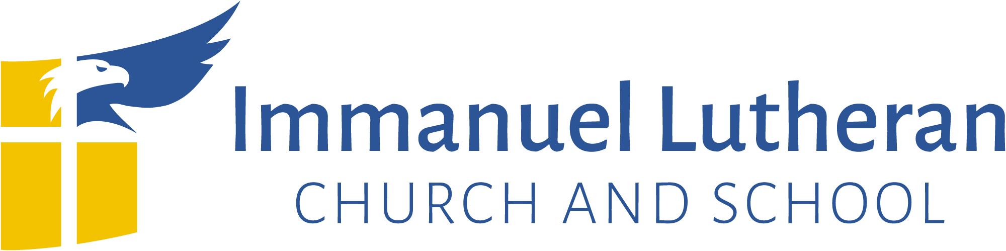 Logo for Immanuel Lutheran Church and School featuring a stylized eagle head and a yellow cross.