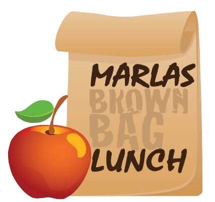 A brown paper bag labeled 'Marlas' with the words 'Lunch' beneath it, a red apple with a leaf in front of the bag