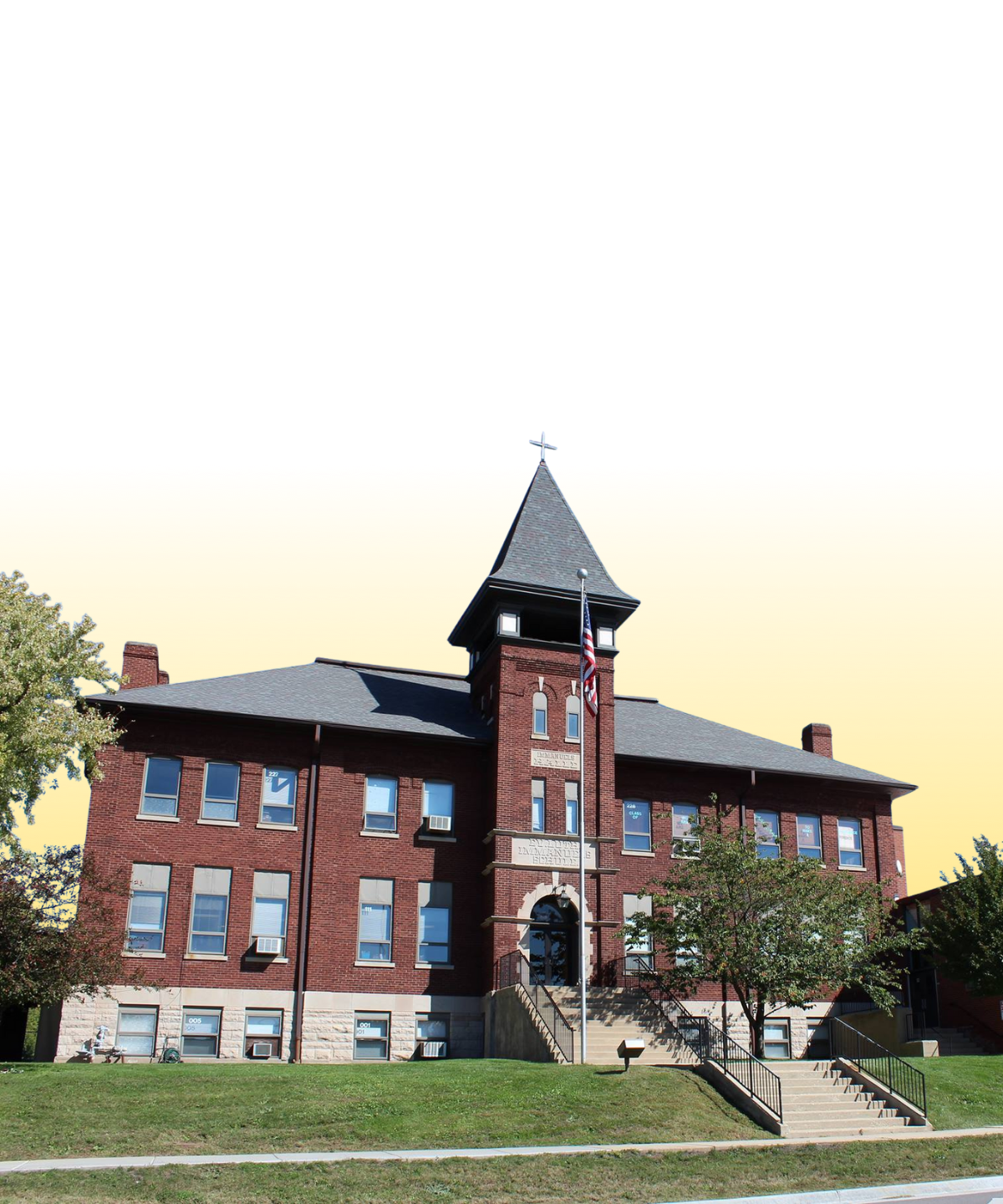 Historic red brick building with a clock tower, American flag, and stairs leading to entrance, surrounded by trees and with a yellow background.